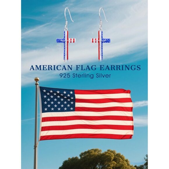 925 Sterling Silver Red White and Blue American Flag  Independence Day Earring - Picture 6 of 6